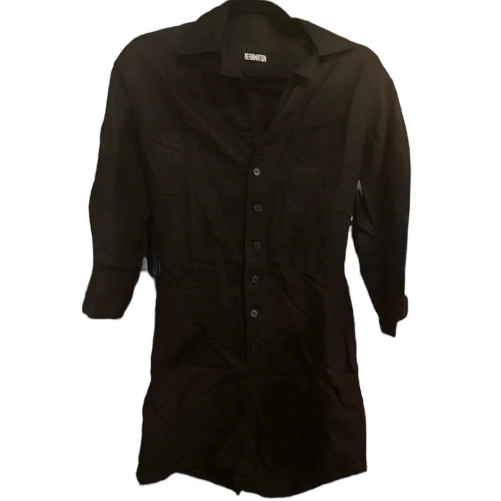 Reformation Jessime Linen Romper Black Button Front Long Sleeve 0 Grunge Utility - Picture 2 of 3